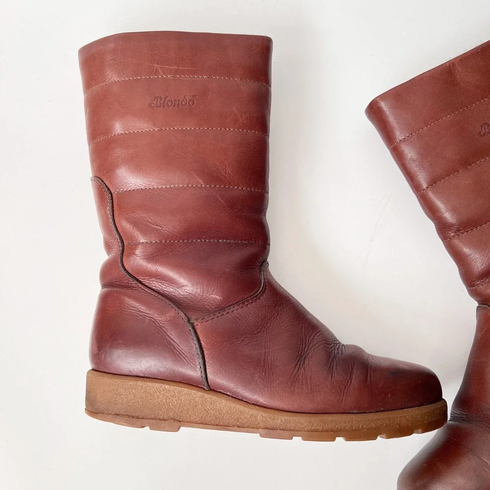 Blondo Leather Winter Boots Brown Quilted Faux Fur Lined Mid Calf Boho 70s Style